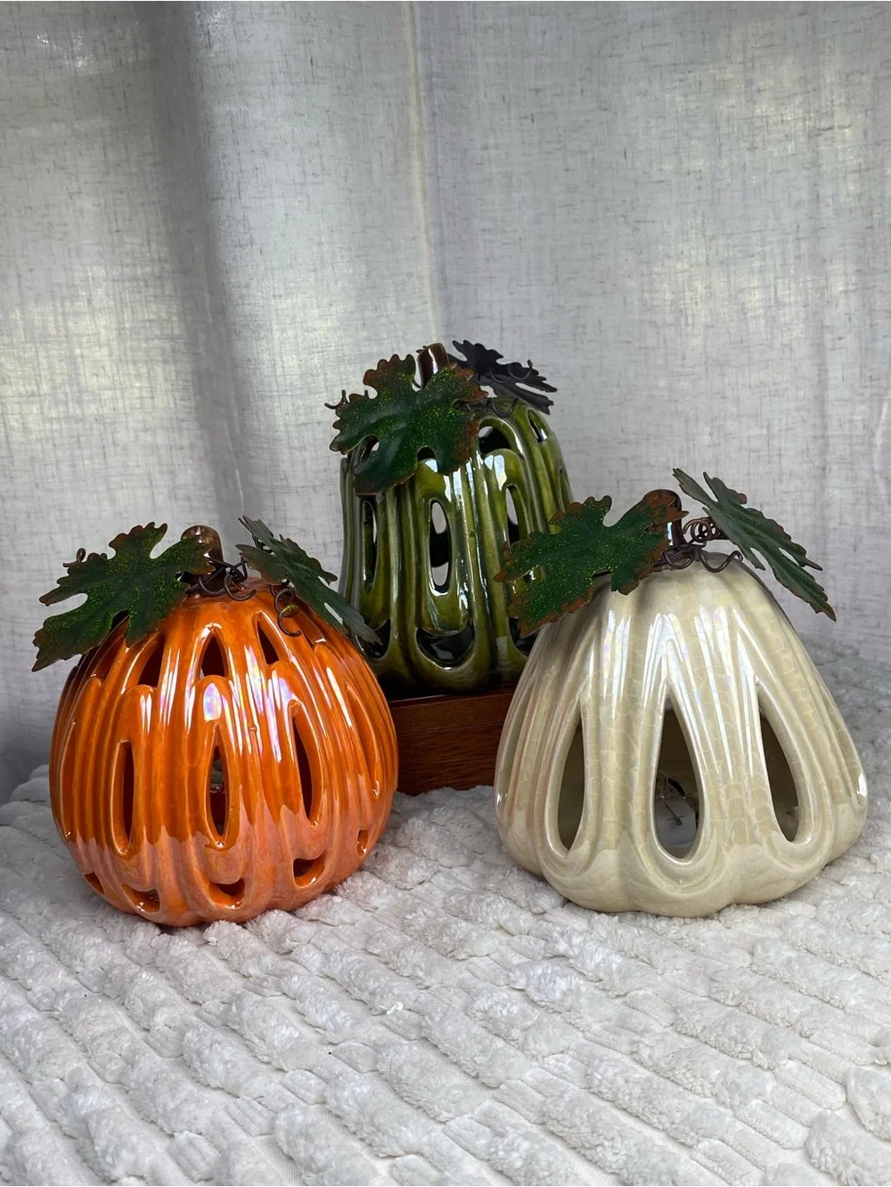 Vintage Iridescent Ceramic Pumpkin Luminary Set 3 Light Up Fall